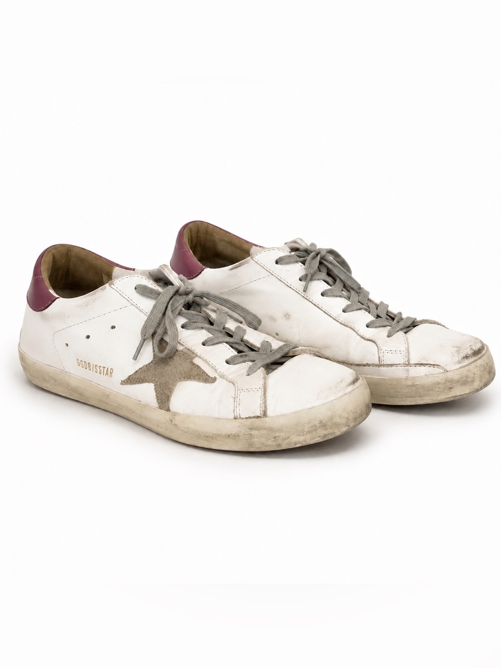 Golden Goose White Leather Sneakers with Beige Star and Pink/Purple Heel